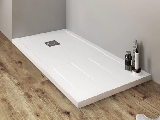 Bac de douche, extra plat, avec rainures pour un espace de séchage, L. 100 à 210 cm x l. 70 à 100 cm Résine anti glissant, finition misse, 10 couleurs, Livraison offerte